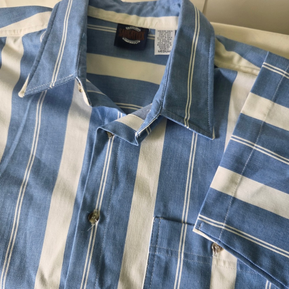 Saugatuck Dry Goods Men Blue White Striped Cotton Short Sleeve Button Down Shirt